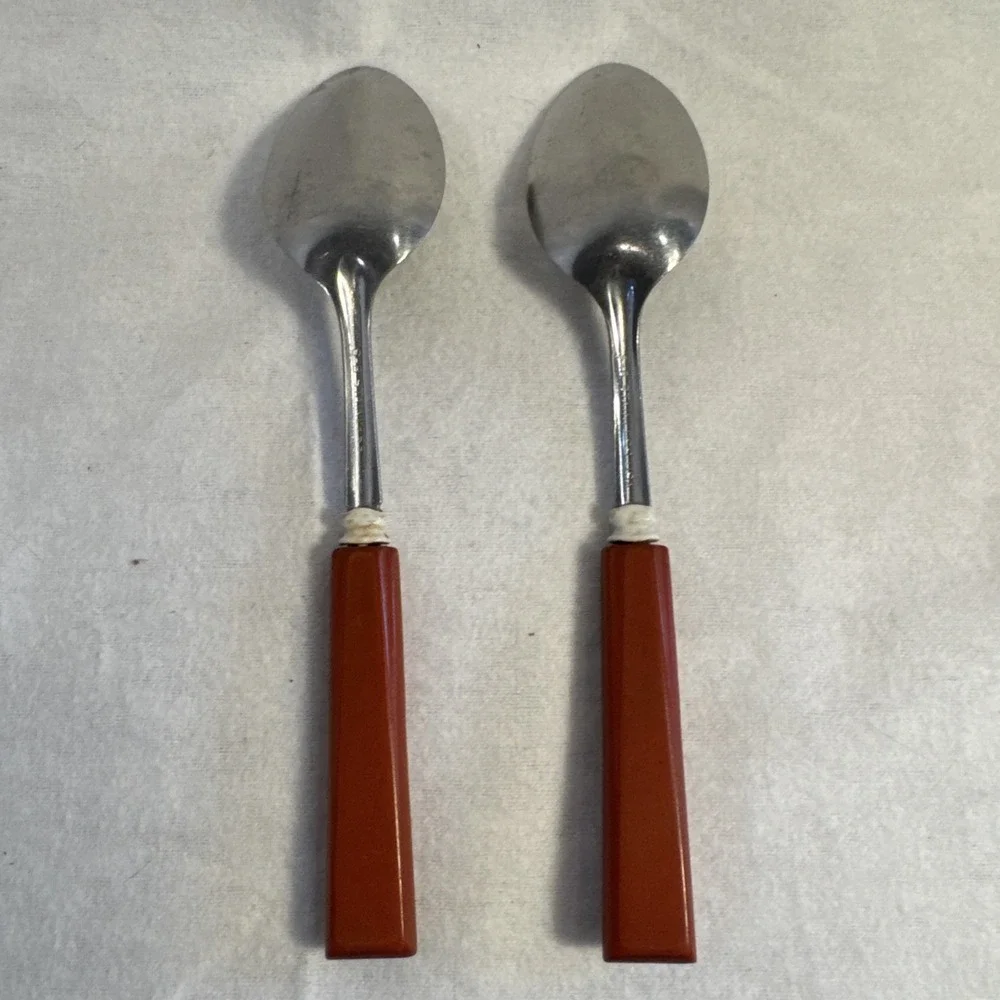 2 VTG Mid Century Table Spoon SR STANLEY ROBERT Stainless Japan Red Bakelite